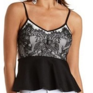 Spaghetti Strap Black Lace Overlay White Crop Tank